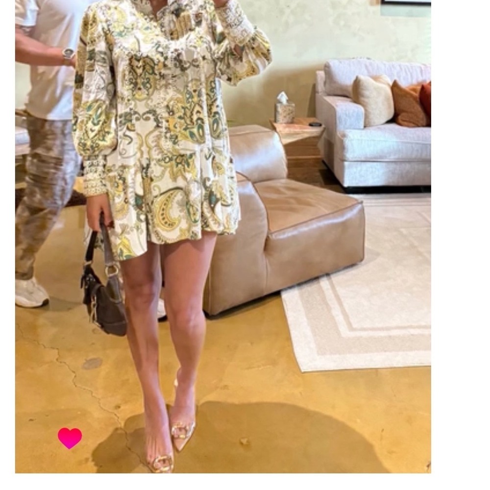 Paisley Mini Dress Women Small White Yellow Green Boho Lace Trim Ruffle Elegant